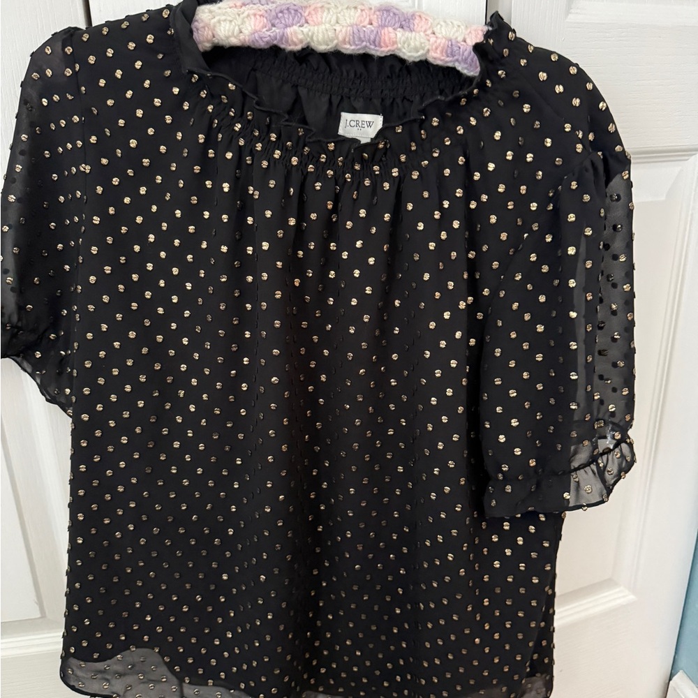 J. Crew Black Blouse with Gold Metallic Dot Print